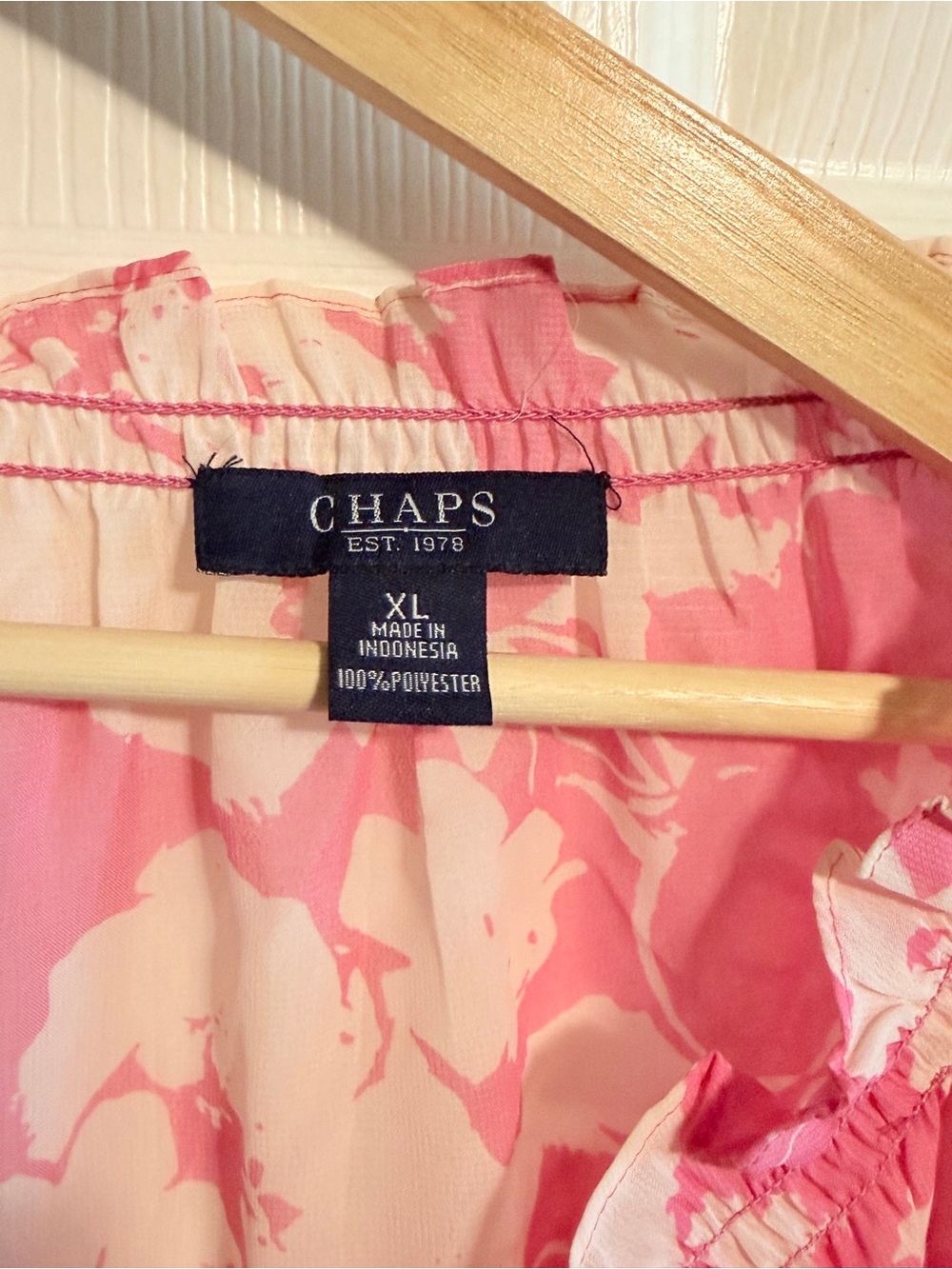 Chaps Pink and White Floral Ruffle Peasant Blouse - Picture 3 of 8